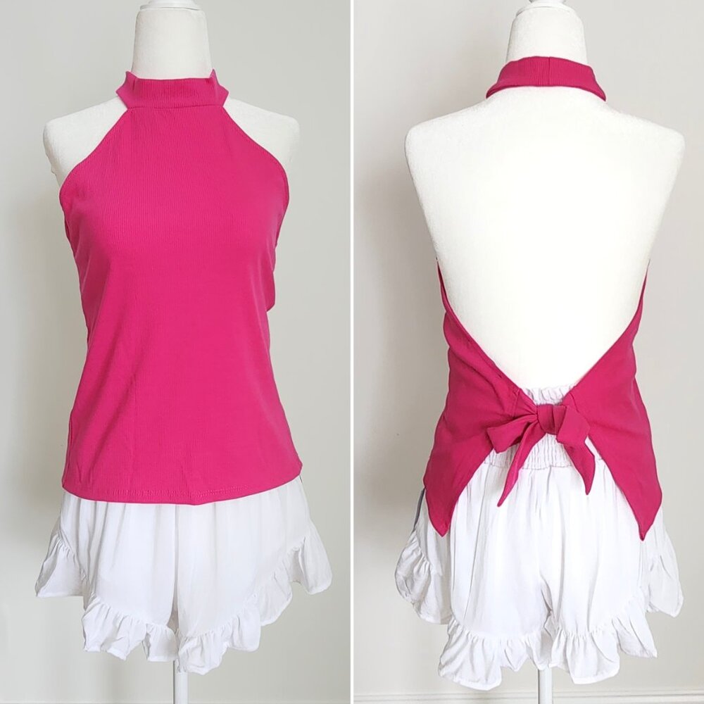 Y2K Pink Open Back Halter‎ Top Large NWT Ribbed Bow Bratz Barbie Coquette Girly